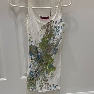 Floral Print White Tank Top with rhinestones. Size small